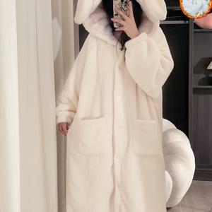 TEMU 여성용 겨울 토끼 귀 후드 로브 - 두꺼운 플리스 안감, 귀여운 동물 프린트 홈웨어, 포켓이 있는 따뜻한 겨울 라운지웨어, 여성용 플레이풀 디자인, 부드러운 질감, 홈 컴포트 서커, 내구성 좋은 홈웨어, 아늑한 홈웨어, 홈웨어, 귀여운 잠옷, 따뜻한 플리스 안감, 두꺼운 플리스 로브, 스파 애호가를 위한