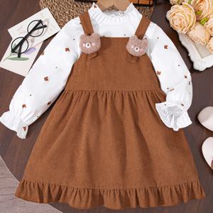 TEMU 소녀용 귀여운 레이스 반투르틀넥 베어 패턴 탑, 입체 베어 인형 서스펜더 스커트 투피스 세트, 리본과 선물 스트립이 있는 만화 원숭이 프린트 메쉬 드레스, 가을 봄 소녀 의상, 아동 야외복, 카와이 패션, 달콤한 스타일, 두 개 세트, 선물 콤보 세트, 장난기 있는 어린이 옷, 위시