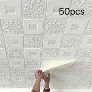 TEMU 50개 3D 벽 스티커, 13.78인치 사각형 자체 접착 폼 천장 데칼 - 거실, 침실 및 주방용 - 설치가 쉽고, 벽 스티커 홈 데코 탈착 가능, 붙이고 떼는 벽지, 거실 벽 스티커, 침실 벽 스티커, 벽, 방 리모델링, 홈 장식, 스타일리시한 벽 예술, 장식 스티커, 내구성 있는 재료, 탈착 가능한 접착제, DIY 애호가, 홈 데코레이터