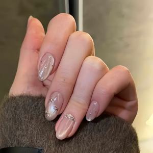 TEMU KJS003 누드 핑크 라인스톤 핸드메이드 인조 네일 - 타원형, 재사용 가능한 젤 프레스온 (무료 도구 키트 포함), 3가지 사이즈, 결혼식 및 일상복에 적합, 웨딩 네일 | 우아한 네일 디자인 | 재사용 가능한 네일|네일|젤네일|네일팁