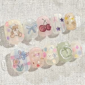 TEMU 10PCS 곰 패턴 INS 스타일 프레스온 네일, 한국식 투명 숏 네일 스티커, 베이크 필요 없는 자가 접착 큐트 젤리 글루, 베프 또는 여자친구를 위한 선물|네일팁