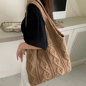 TEMU 1개 여성용 대용량 니트 느낌의 토트백 - 스타일리시 오픈탑 비치백, 넉넉한 내부 공간, 내구성 있는 폴리에스터 베이지/카키/그린, 여행·출근·데일리 활용 가능, 캐주얼 엘레강스 핸드백, 소형 슬링백, 고품질 여성을 위한 여행 가방