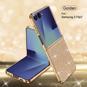 TEMU 삼성 Z 플립7용 접이식 스크린 보호 케이스, 삼성 Z 플립6용 강화 유리, 삼성 Z 플립5용, 삼성 Z 플립4용, 삼성 Z 플립3용, 반짝이는 파우더와 함께 제공되는 느낌의 보호 케이스, 여성용, 낙하 방지 및 완전한 플레이트 프레임, 가벼운 럭셔리