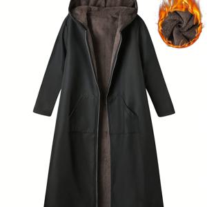 TEMU 플러스 사이즈 - 플러시 인조 퍼 안감이 있는 여성용 겨울 코트 - 긴 소매, 후드, 지퍼업 파카, 블랙, 편안하고 스타일리시한 추위용, 완벽한 휴일 선물, 겨울 코트