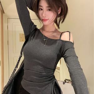 TEMU 여성용 섹시 슬림핏 오프숄더 긴팔 티셔츠 - 비대칭 밑단 & 끈 디테일, 단색 사계절 캐주얼 및 정장용 탑