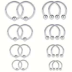 TEMU 16개 세트 316L 수술용 316L 316 스테인리스 스틸 말굽 & 캡티브 비드 코 후프 세퓌움 귀걸이 혀 입술 젖꼭지 헬릭스 트라거스 피어싱 주얼리 링 6-12mm, 배터리 없음, 데이용|피어싱