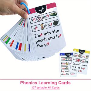 TEMU 아이 캔 리드 포닉스 음절 및 어휘 학습 플래시카드, 영어 시각 단어 카드, 유치원 홈스쿨 교실용 교육 도구 64장, 홈스쿨 용품, 교실 플래시카드, 흥미진흥 학습 보조 자료, 고품질 인쇄, 내구성 있는 재료, 포닉스 플래시카드, 유아교사 및 홈스쿨 부모를 위한