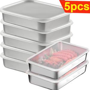 TEMU 5개 세트 두꺼운 스테인리스 식품 보관 용기 - 누수 방지, 재사용 가능, 쌓을 수 있는 플립탑 뚜껑, 냉장고 및 냉동고용 내구성 있는 직사각형 주방 용기 - 과일, 채소, 고기, 식사 준비, 공간 절약, 쉬운 청소, 모던 디자인, 냉장고 정리용, 슬림한 메탈릭 마감