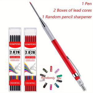 TEMU 깊은 구멍 2.0 자동 연필 키트 - 1개 펜 (검정/파랑/빨강/노랑) + 24개의 리드 + 무작위 색상 깎기 - 목수 마킹 및 공학 드래프팅용 긴 코, 목공 마킹 도구|세련된 금속 펜|내구성 있는 금속 구조, 목공 마킹 도구