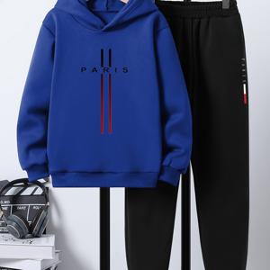 TEMU 10대 남아용 파리 캐주얼 가을/겨울 프린트 슈트, 긴소매 후드티 및 바지 세트, 패셔너블한 아웃도어 스포츠 투피스 슈트, 5-6세, 7-8세, 9-10세, 11-12세, 13-14세에 적합, 야외 활동용, 십대용