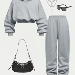 TEMU 2피스 여아용 오버사이즈 후드티 & 조거팬츠 세트 - 소프트 그레이 캐주얼 운동복, 사계절 편안함, 기계 세탁 가능 2피스 의상 (훈련/파티/일상룩&생일옷), 야외활동에 완벽