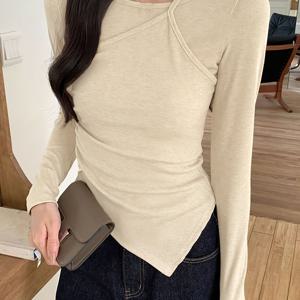 TEMU 여성용 비대칭 긴팔 티셔츠 - 라운드넥, 비대칭 밑단, 신축성 있는 데일리 캐주얼 셔츠 (봄/가을 레이어링)