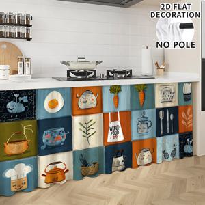 TEMU 2D 플랫, 당근 & 조리기구 디자인 2D 플랫 주방 커튼 - 앞치마 포켓, 세탁 가능한 폴리에스터 피치 라이트 베이지 원단, 코드리스 쉬운 설치 싱크 스커트, 욕실, 거실, 침실용 - 블루, 오렌지, 그린, 베이지, 화이트, 브라운, 블랙, 모던 키친 데코 (농가 스타일)