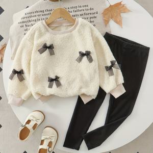 TEMU 여아용 투피스 세트: 패션한 솔리드 컬러 라운드넥 보우장식 레귤러 긴팔후디 + 발목길이 팬츠, 캐주얼 가을/겨울룩, 야외활동에 완벽