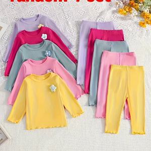 TEMU 랜덤 세트 | 2pcs 여아 가을/겨울 플로럴 장식 긴팔 티셔츠와 바지 0-6세 부드러운 스트레치 폴리에스터 소재 홈웨어 또는 아웃도어용