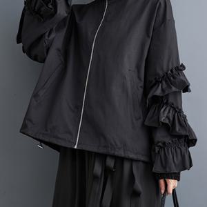 TEMU 여성용 빈티지 고딕 러플 자켓 - 우아한 다크 아카데미아 지퍼 , 스탠드 칼라 숏 코트, 봄/가을 캐주얼 & 드레시 룩 (솔리드 컬러, 논스트레치)