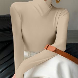 TEMU 여성용 우아한 크로스 넥 롱 슬리브 터틀넥 탑 - 부드러운 베이지 단색, 하이 네크라인, 캐주얼 및 정장용 다목적 레이어링 피스, 사계절 편안함, 캐주얼 웨어 탑 | 우아한 긴 소매 | 구조적 디자인, 여성 티셔츠