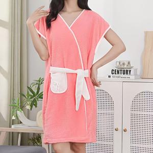TEMU 착용 가능한 목욕 수건 - 빠른 건조와 흡수력, 귀여운 학생풍 홈웨어로비, 잠옷, 목욕복 타월로 브이 드레스, 여성을 위한 핑크색 키모노형 러브
