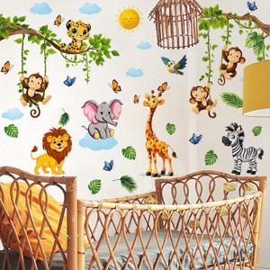TEMU 4개 정글 사파리 벽 스티커 - 침실, 거실 또는 발코니 장식용 생동감 넘치는 숲 동물 & 식물 스티커, 사자, 기린, 얼룩말 등이 있는 클래식 스타일 플라스틱 벽 예술, 정글 테마 장식