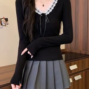 TEMU 여성용 시크한 블랙 & 화이트 대비 탑, 레이스 트림, V넥, 긴 소매, 리본 디테일 - 스타일리시한 가을/겨울 캐주얼웨어, 가을 겨울 의류 | V넥 탑 | 건축, 여성용 탑