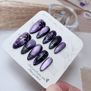 TEMU 1세트 수제 분리형 고양이눈구슬 & 대리석 이펙트 네일스티커 - 보라색 아몬드쉐입, 광택감 있는 마블링 팝아트 디자인, Women용 4가지 사이즈, 우아한 데일리&특별한 날을 위한 네일아트 (접착제 불필요), 홈매니큐어, 고품질 프레션, 뷰티에 민감한