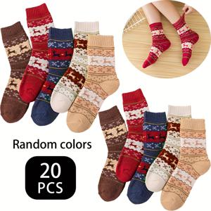 TEMU 20개 여성 크리스마스 양말 - 두꺼운 따뜻한 중간 길이 레인더, 베이지, 브라운, 네이비 블루 - 겨울 파티, 가족 모임, 선물용 - 부드러운 일상 및 특별한 날 신발 - 손세탁/드라이클리닝 쉬움 - 축제 크리스마스 장식, 스타킹 스터퍼, 휴일 테마 양말, 편안한 착용감, 동물 프린트, 내구성 있는 소재, 파티 플래너