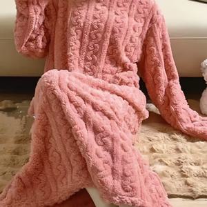 TEMU 여성용 포근한 플리스 안감 긴팔 나이트가운 - 부드러운 핑크색 플러시 목욕 가운, 리브 커프스, 가을/겨울용 루즈핏, 집이나 스파에 완벽, 편안한 홈웨어 | 플러시 플리스 로브 | 소프트 텍스처, 여성용 슬립 세트, 겨울 파자마, 플리스 세트 여성용, 여성용 목욕 가운