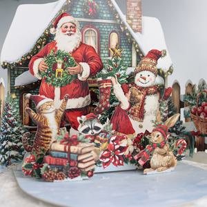 TEMU 1개 초대형 팝업 크리스마스 카드 - 사면, 눈이 내린 집, 선물들, 고양이, 토끼, 눈사람과 함께하는 기계식 메커니즘 (전기 불필요), 우아한 접이식 종이 파티 초대장 & 인사말 카드 + 봉투 포함, 문으로 배달용 3D 홈/오피스/트리 디스플레이를 위한 상호작용적인 겨울의 신비로운 풍경