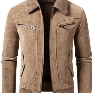 TEMU 남성 슬림핏 인조 모피 안감 모터사이클 재킷 - 두꺼운 풀 지퍼 모터사이클 코트, 풀 지퍼 클로저, 신축성 없는 원단, 긴소매, 데일리 캐주얼 & 포멀 아우터, 모터사이클 장비, 레트로 모터사이클 스타일