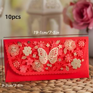 TEMU 꽃과 나비 디자인의 중국 예술 레드 봉투 10개 세트, 자체 밀봉 매트 마감 - 결혼식, 약혼, 발렌타인데이, 집들이 축하, 설날, 사무용품에 완벽함