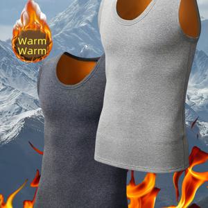 TEMU 2팩 남성용 타이트 조끼 | 사계절용 플리스 기모 속옷, 스포츠 및 레저, 두꺼운, 크루넥, 민소매, 단색, 캐주얼 핏