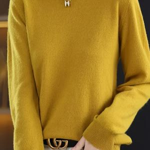 TEMU 여성용 우아한 옐로우 스웨터 - 소프트 웜 롱 슬리브 풀오버, 리브드 커프스 라운드넥, 중간 스트레치, 가을/겨울 레이어링에 완벽, 여성용 코지 스웨터, 탑, 아름다운/아름다운 스웨터, 우아한 스웨터