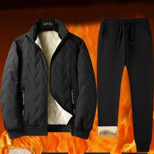 TEMU 남성용 겨울 플리스 안감 스포츠 슈트 - 두꺼운 따뜻한 스탠드 칼라 재킷과 바지, 단색, 폴리에스터 - 가을과 겨울에 완벽, 캐주얼 스타일, 레귤러 핏, 포켓 포함, 남성용 긴팔 슈트, 가을/겨울 슈트, 남성용 워머 슈트, 겨울 트레이닝 세트, 남성용 겨울 세트 의류, 남성용 겨울 트레이닝 세트, 캐주얼 스타일 남성용 겨울 슈트 세트