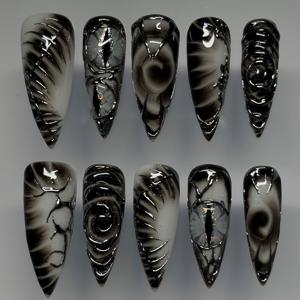 TEMU 10개입 SLOZZI 핸드메이드 3D 젤 아몬드네일 - 블랙 & 화이트 마블/ 광택형, 정교한 잎사귀와 덩굴무늬, SS-M 사이즈 (XS-XL), 클리어팁 디자인으로 살롱급 매니큐어를 완성하세요. 대리석/줄무늬/검정/흰색/골든/회색 컬러로 여성에게 적합! 파티, 웨딩, 캐주얼룩에 완벽|젤네일|네일팁