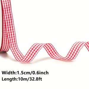 TEMU 10m 레드 & 화이트 체크무늬 리본 - DIY 공예, 선물포장, 파티 데코, 헤어보우용 빈티지 팜하우스 스타일의 내구성 있는 글리터 메탈릭 와이어링된 벨벳 리본 (가르마 없음)