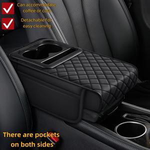 TEMU 다기능 센터 암레스트 박스 패드, PU 가죽 자동차 암레스트 패드, 듀얼 컵 홀더 장착 (커피 또는 콜라 보관 가능, 분해 세척 용이), 측면 수납 포켓으로 영수증 등 보관 가능, 자동차 내부 액세서리
