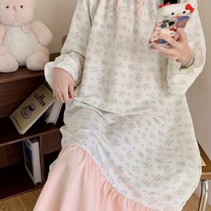 TEMU 여성용 귀여운 플로럴 프린트 나이트가운 - A라인 긴팔 파자마 드레스, 핑크 러플 칼라 & 숏 스커트, 파스텔 블루/그린/브라운 드레스, 세탁기 사용 가능 봄/가을 잠옷 (라운드 넥) -