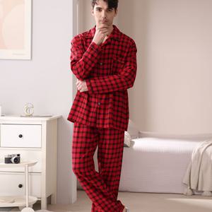 TEMU 남성용 새로운 패션 레드 체크무늬 턴칼라 카디건 & 버튼 긴팔 팬츠 수면복 세트. 사계절에 적합한 홈웨어, 편안한 잠옷, 스타일리시한 수면복, 플란넬 원단의 가벼운 내구성 있는 수면복, 투피스 수면복, 성인용 수면복