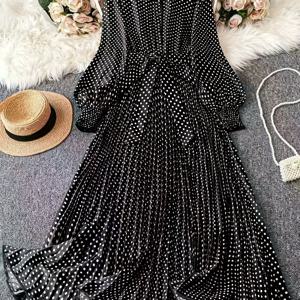 TEMU 여성용 우아한 포멀 & 캐주얼 맥시 드레스 - 플레어 긴소매 파티 웨딩 의상, 허리 끈 벨트, 플레어 스커트, 올 시즌 포멀 & 데일리 시크 여성 의상, 웨딩 드레스, 특별한 날, 물방울 무늬 프린트, 편안한 착용감