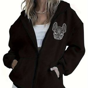 TEMU 여성용 프렌치 불독 지퍼업 후드티 - 풀지퍼 전면 클로저, 세탁기 사용 가능한 겨울 재킷, 일상 및 정장용 - 애완동물 애호가 의류, 캐주얼 웨어, 튼튼한 원단