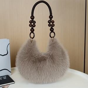 TEMU 1개 여성용 인조 핸드백 - 플러시 인조 토트 & 크로스바디 퍼스, 비즈 장식 스트랩, 골드톤 참 비즈, 지퍼 클로저, 베이지/핑크/블랙/브라운/그레이 - 일상 및 특별한 날을 위한 우아한 숄더백|가방|크로스백|슬링백