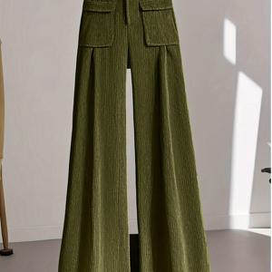 TEMU 여성용 올리브 그린 와이드 레그 팬츠 - 벨트 루프 & 포켓이 있는 하이웨이스트 겨울 바지, 캐주얼 & 정장용 구조화된 논스트레치 우아한 솔리드 컬러 (올리브 그린), 세탁기 사용 가능 - 드레스 대체용 바지