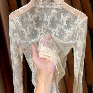 TEMU 여름 세미-하이넥 레이스 레이어링 탑, 봄 여름 가을 신상 쉬어 메시 베이스셔츠 롱슬리브 샤폰 블라우스