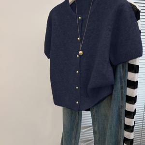 TEMU 새로운 여성용 심플 박시 숏 리브드 탑, 라운드넥 솔리드 컬러 메탈 버튼 여름 가디건