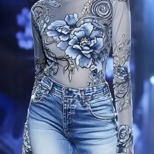 TEMU 여성용 시스루 플로럴 프린트 긴팔 블라우스 - 슬림핏 반투명 모란 & 장미 탑, 라운드넥 H라인 블라우스, 캐주얼부터 포멀까지 다용도, 쉬운 관리 소재, 여성 의류, 여성용 블라우스, 여성용 상의, 여성용 우아하고 고급스러운 상의, 여성용 우아하고 고급스러운 블라우스