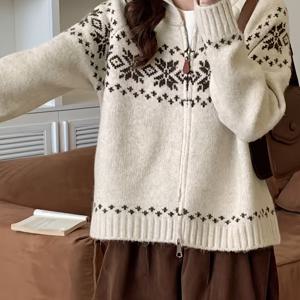 TEMU 여성용 우아한 스웨터 재킷 - 버건디 & 화이트 칼라에 블랙 플로럴, 더블 지퍼 프론트 클로저, 두꺼운 겨울 코트, 캐주얼 & 포멀 웨어용 기계 세탁 가능한 오버사이즈