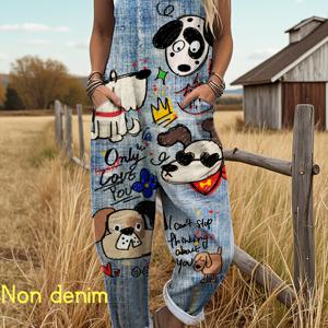 TEMU 【모조 데님】여성 캐주얼 페이크 데님 오버롤 팬티, 판다 & 강아지 프린트 - 통기성 좋고 편안하며 스타일리시한 봄/여름/가을용, 