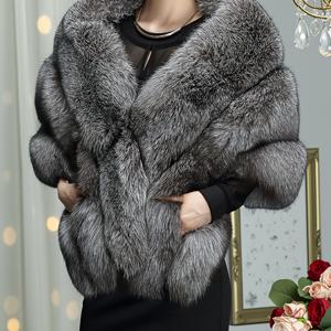 TEMU 플러스 사이즈 - 플러스 사이즈 - 플러스 사이즈 - 플러스 사이즈 - 플러스 사이즈, 여성용 우아한 인조 모피 숄 - V넥의 고급스러운 겨울 파티 숄, 신축성 없는 원단, 단색, 공식 행사에 적합, 공식 행사 액세서리 | V넥 숄 | 플러시 질감