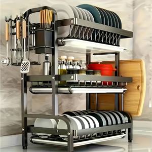 TEMU 3단 녹 방지 식기 건조대 (빠른 분리식 물기 제거 트레이, 조리 도구 홀더, 도마 스탠드 포함) | 탄소강, 플라스틱 뒷면 재질, 주방 정리 용품, 주방을 건조하게 유지, 2가지 모델로 제공|식기건조대|식기건조기