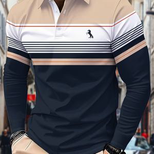 TEMU 남성용 컬러 블록 디자인의 긴팔 폴로 셔츠 - 3D 디지털 프린트, 패턴, 버튼업 칼라, 레귤러 핏, 중간 신축성 원단, 모든 성인 및 청소년을 위한 캐주얼 스타일, 일상적인 폴로 | 세련된 긴팔 | 중간 신축성 원단, 남성용 오버사이즈 폴로 셔츠, 플러스 사이즈 가디건